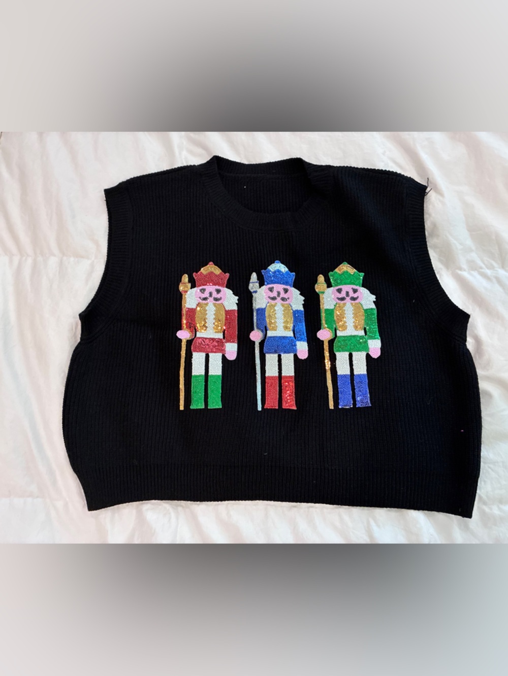 Source Unknown Black Sweater with Multicolor Sequin Nutcracker Motifs